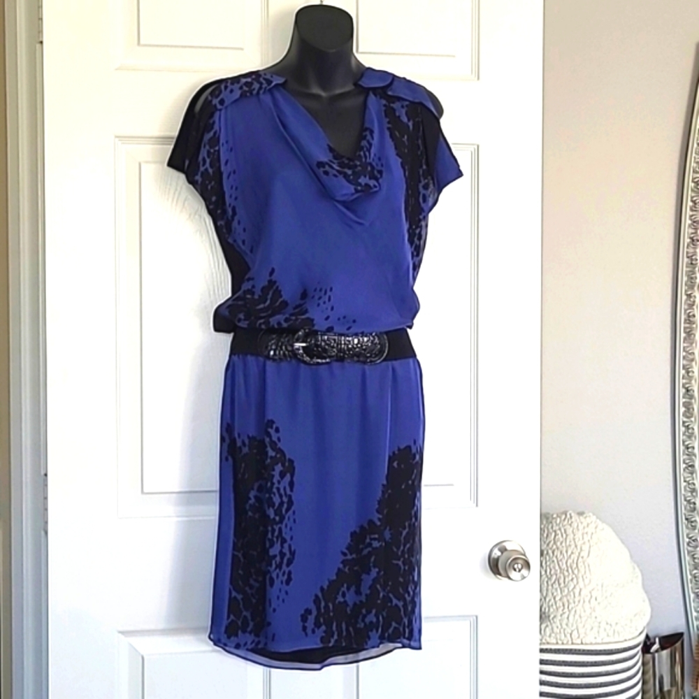 Robert Rodriguez 100% silk Royal & black cowell neck blouson/shirt dress size 6